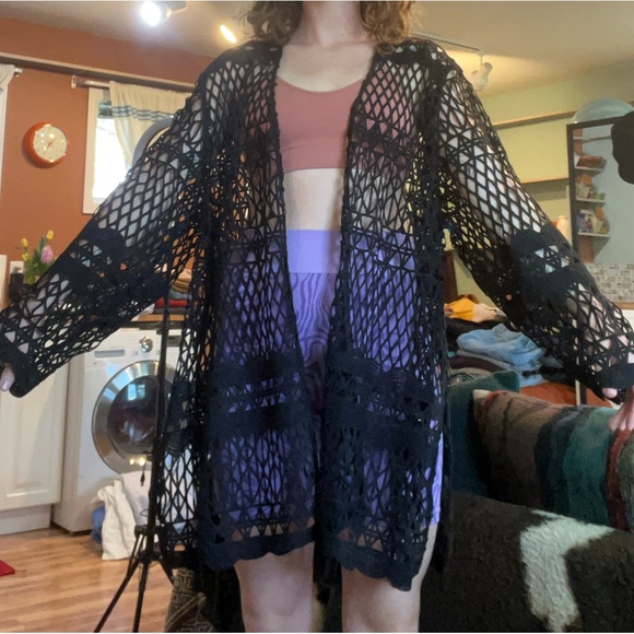Netted Crochet Knit Cardigan Coverup Oversized Summer Beach Black OS - Picture 7 of 7